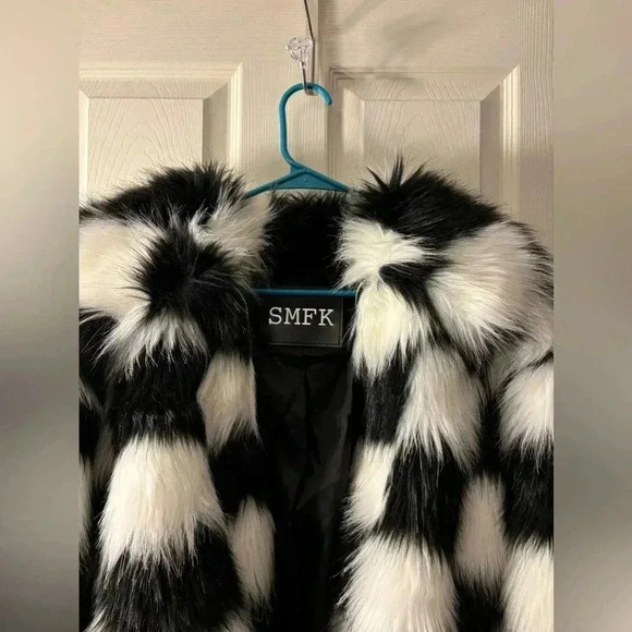 SMFK Chessboard Faux Fur Bomber Jacket - Picture 8 of 13